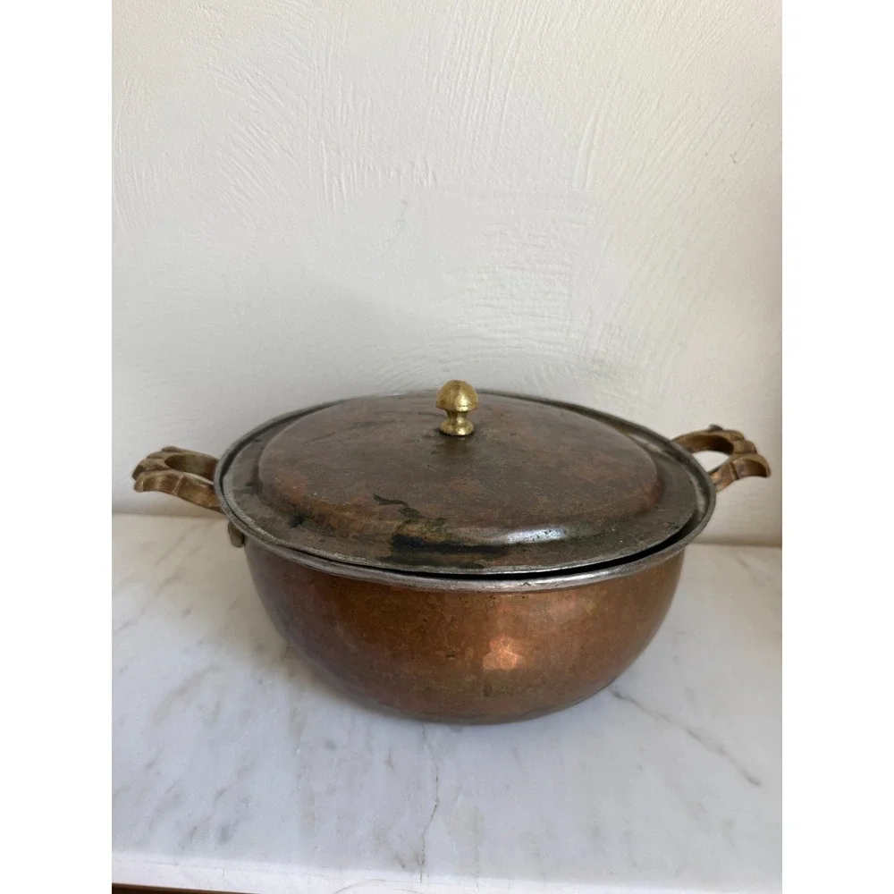 Authentic Hand-Hammered Middle Eastern Copper Cooking Pot w/Lid & Brass Handles